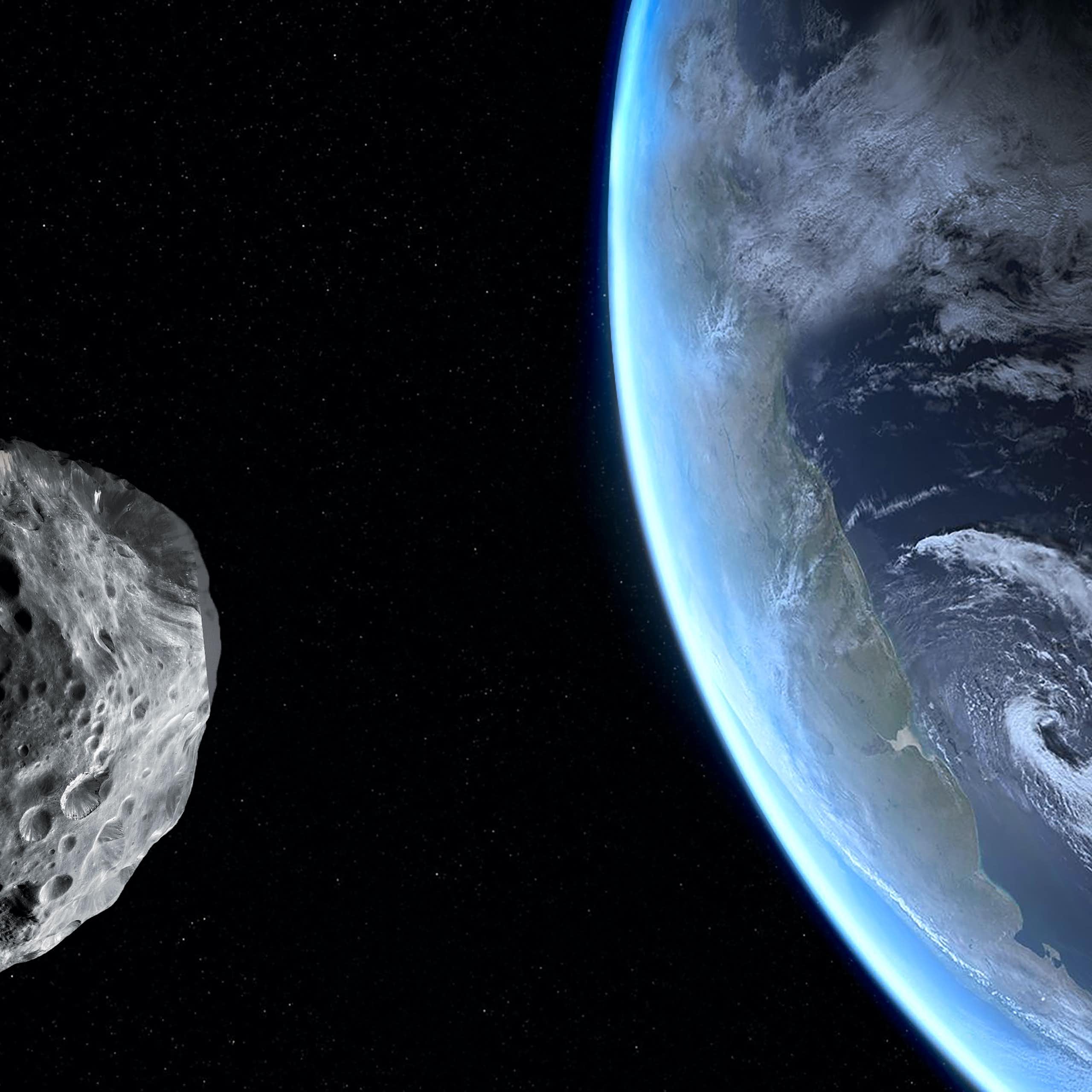 ilustração de um asteroide no espaço com parte do globo terrestre ao fundo 