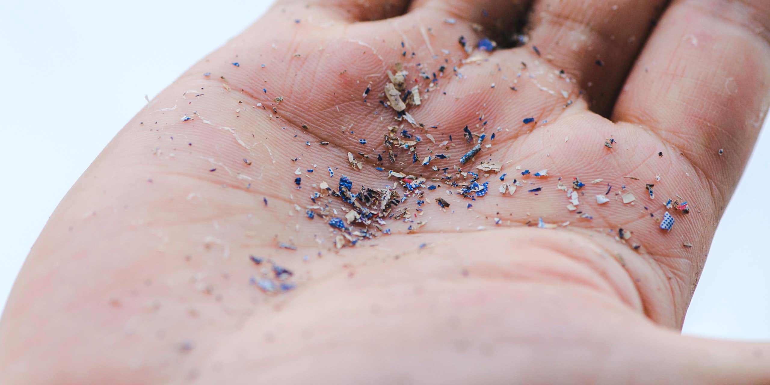 A close-up picture of a person's hand. In their palm they hold fragments of microplastics.
